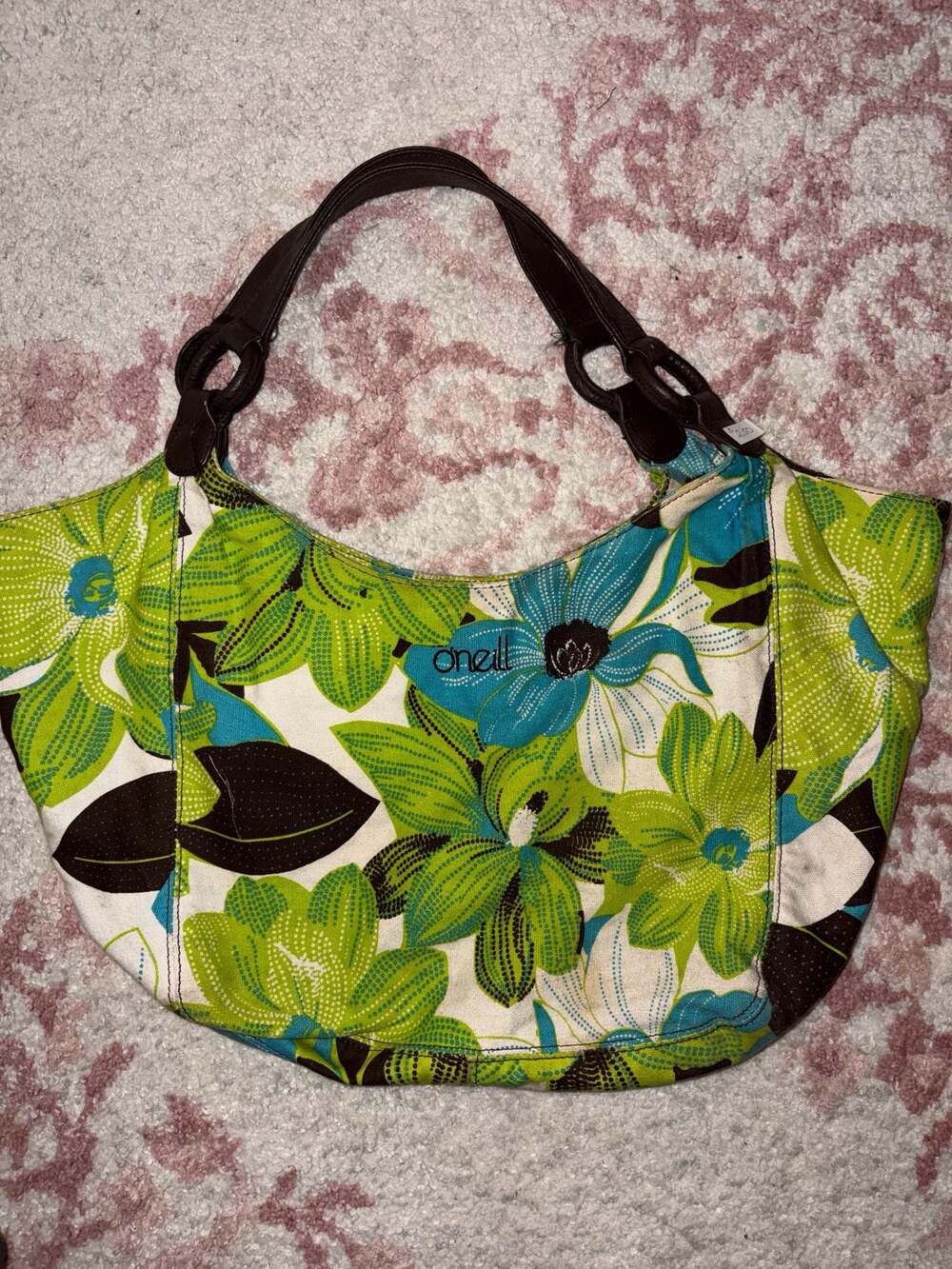Rare O'Neill Vintage Canvas Floral Shoulder Bag with Brown Faux Leather Straps
